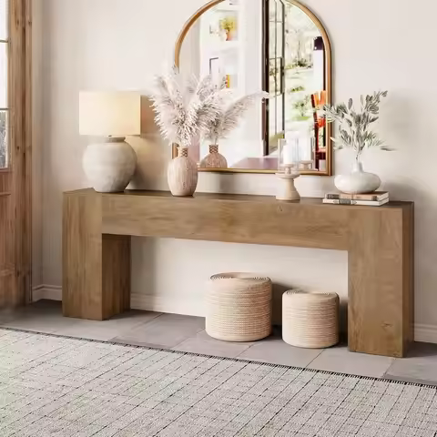 86-Inch Natural Oak Entryway Table for Sofa, Hallway, and Living Room