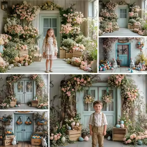 Easter Bunny Door Backdrop For Photographs Pastel Floral Egg For Spring Holiday Photographic Backgro
