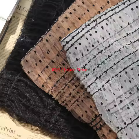 Black polka dot flocking lace fabric dots embroidery sequins Striped Pleated tulle fabric for Weddin
