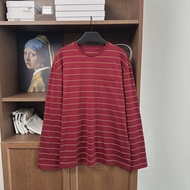 Minimalist Single Pocket Color Block Stripe Long Sleeve T Shirt Cotton Crew Neck Full Length Regular