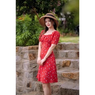 Váy hoa nhí dáng ngắn vintage đầm thiết kế cổ vuông váy đi biển phối tay bồng nhấn eo - Alice Store