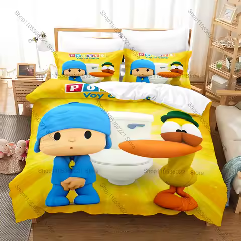 Cool Soft Polyester Microfiber Let's Go Pocoyo Learning Cartoon Themed 3PCS Bedding 1 Duvet Cover + 