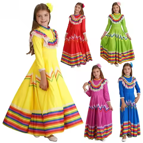 Child Girls Mexican Costume Jalisco Traditional Folk Dancer Dress National Mexico Style Festival Car