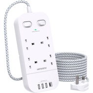 4 Way Surge Protected Extension Lead with USB Slots – Multi Plug Power Strip Extension Cable with Do