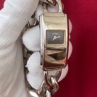 GUESS 銀色 方形 厚實 不鏽鋼 鍊帶式錶帶 石英錶 古董錶