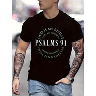 Trendy Letter PSALMS 91 & Letter Ring Pattern Print Men`s T shirt, Graphic Tee Men`s Summer Clothes,
