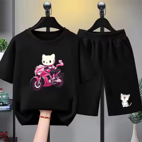 Children's Summer boy Girls Casual TShirt Set kitten Printed Kids Outfits Teen O Neck Short Sleeve T