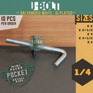 10pcs - 1/4" J-Bolt ONLY aka Check bolt / Hook Bolt / Roofing Screw (GI plated / Galvanised white)