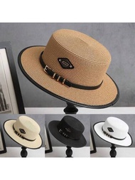 1頂兒童編織帽,扁平頂的寬邊草帽,夏季防曬,英國風格,時尚潮流帽,帽邊帶倒三角標識 (6b61)