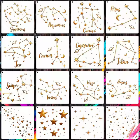 16 Star-Shaped Stencils for Wall Painting, Moon and Twinkling Star Stencils for Card Making, Paint R
