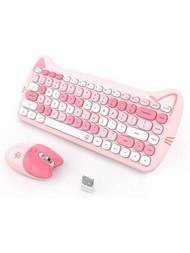 無線鍵盤和滑鼠套裝,可愛的2.4 Ghz圓形按鍵帶有usb接收器,支援windows/pc/筆記型電腦/桌面電腦(粉色)