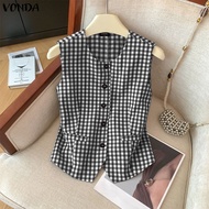 เสื้อผู้หญิง VONDA วันหยุดแขนกุดมีกระดุมเสื้อยืดคอกลมเสื้อกล้ามพิมพ์ลายตาราง #0915