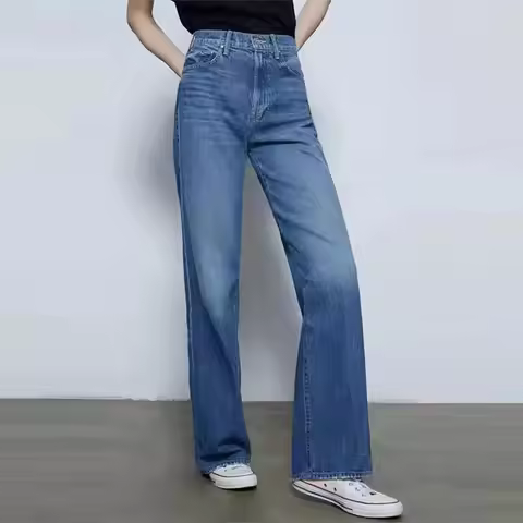 Women Straight denim pants fashion Versatile lady high waist loose jeans