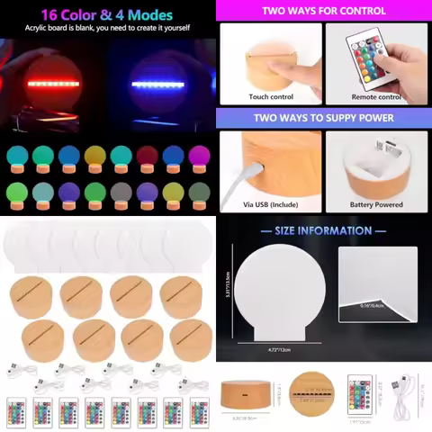 8 Pieces Clear Acrylic Sheets and 8 Pieces 3D Night LED Light Lamp Base with Remote Control and USB 