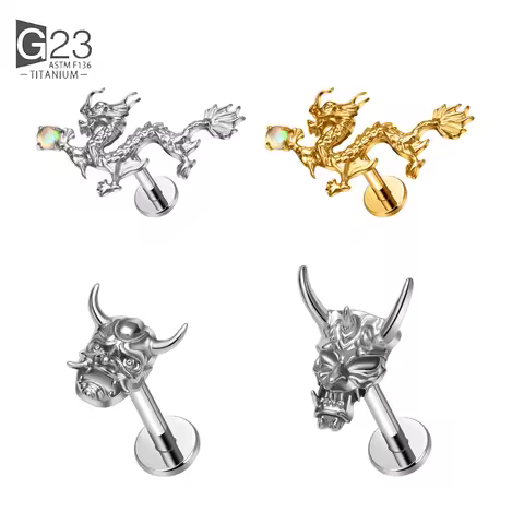 G23 Titanium Ear Tragus Earring Stud 16G Internally Oni Warrior Head Mask Labret Dragon Cartilage He