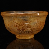 Old Tibetan Old Crystal Carved Dragon Phoenix Gold-Painted Small Bowl Weight 156 Grams Width 9.5cm H