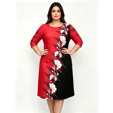 Plus Size African Dresses for Women Summer 2026 African 3/4 Sleeve O-neck Polyester Printing Midi Dr