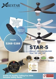 Bestar star 5 (smart fan) Designer ceiling fan with light, 5 blades, 38/48/56 inch dc motor with 3 tone led light and remote control and installation ,White, black, mocha cheapest ceiling fan with long warranty free installation free delivery