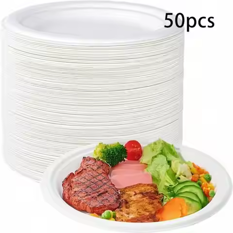 50PCS White Plastic Plates 9 Inch Disposable Dinner Plates For Picnic Birthday Wedding Party Supplie