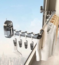雜乜鋪 - 多功能玻璃窗吸盤伸縮晾衣桿（透明色） 免打孔鑽窿 室內飄窗折疊晾衫架12個襪子夾 曬被子 適用於任何表面