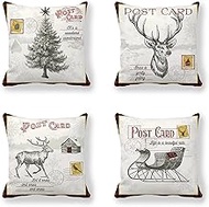 Cushion Cover, 65x65cm Set of 4, Christmas Tree Elk Sleigh Soft Velvet Throw Pillow Cases 26x26in, Square Sofa Cushion Cover with Invisible Zipper for Couch Bed Car Bedroom Home Decor