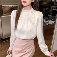 Ammin 2025 mùa xuân hạt khâu đứng cổ áo tay áo dài đi lại tự nhiên dọc áo voan phụ nữ phong cách Hàn