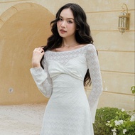 Đầm KIMIE - Đầm thun bẹt vai lưới xoắn nơ tay loe