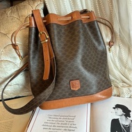 思琳 賽琳 棕色 老花凱旋門 皮革包 水桶包 水桶包 斜背包 側背包  中古包包 托特包 側肩包 老花水桶包 復古包 古董包 celine vintage drawstring bucket bag