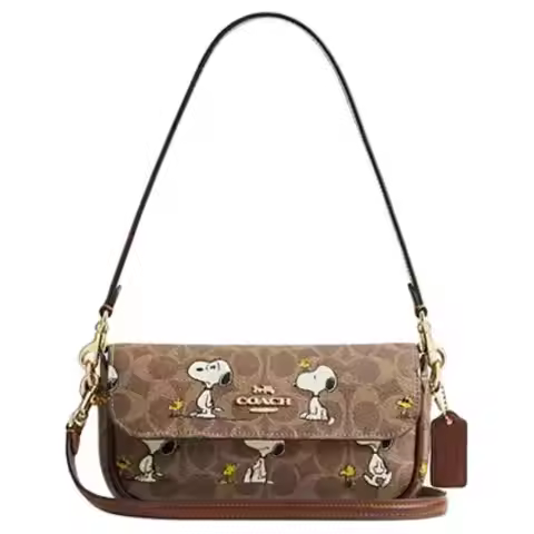 COACH X Snoopy Collaboration Hailey Coated Canvas With Leather Shoulder Bag Small Women's Tan CBJ73-