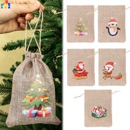 Christmas Linen Burlap Drawstring Bag Santa Claus Snowman Elk Penguin Pattern Gift Wrapping Pouches Jewelry Candy Storage Packaging Bags