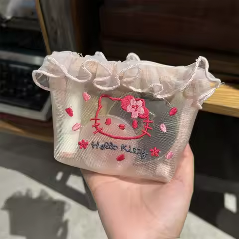 Hello Kitty Cute Cartoon Embroidery Zero Wallet Portable Makeup Bag Dirt Tolerance Mesh Zip-Bag Tiss