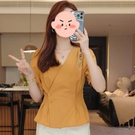 16969l _ Large Size Slightly Fat French Design V-Neck Pleated Short-Sleeved Blouse 2025 Summer Tempe