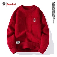 เสื้อสเวตเตอร์ถักคอตตอนสำหรับผู้ชาย AAPE PARK ทรงหลวม ปกโปโล แขนยาว สีเขียว แฟชั่นฤดูใบไม้ผลิและฤดูใ