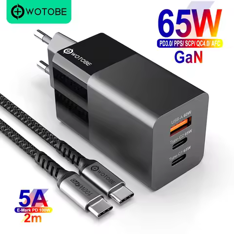 WOTOBE 65W GaN USB C Wall Charger Power Adapter,3 Port PD 65W PPS QC4 45W SCP for Laptops MacBook iP