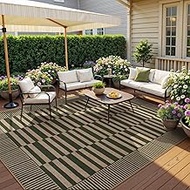 Beevia Striped 8x10 Green Jute Rug, Washable Indoor Outdoor Carpet for Living Room Bedroom, Farmhous