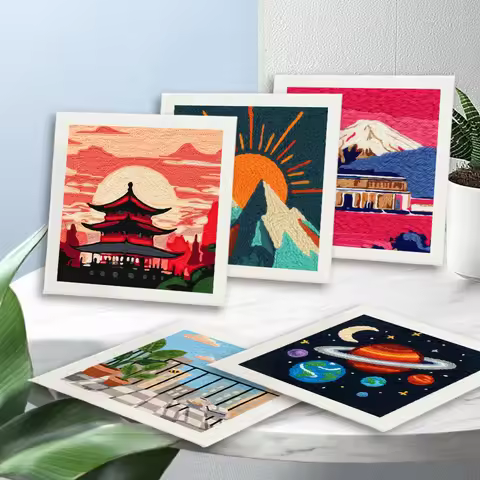 RUOPOTY Framed Mountain Peak Punch Needle Gift Embroidery Patterns Landscape Punch Needle Threader D