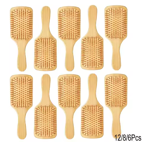 12/8/6Pcs Bamboo Hair Brush with Natural Bamboo Bristles, Soft Bristle Cushion, Bulk Wooden Paddle B