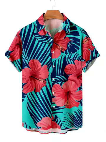 Men's Hawaiian Shirts Summer Men's Flower Hawaiian Shirts Casual Vacation Short Sleeve Shirts Collar