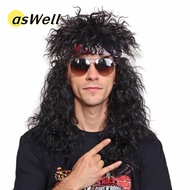 ASWELL Halloween Party Cosplay Wig, Long Curvy 70s 80s Rockstar Wig, Punk Fluffy Mullet Wig
