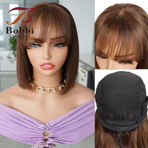 Glueless Brown Bob Wig with Fringe 100% Human Hair Wigs Middle Part Pre-Cut 4x4 Lace Closure Wig Air