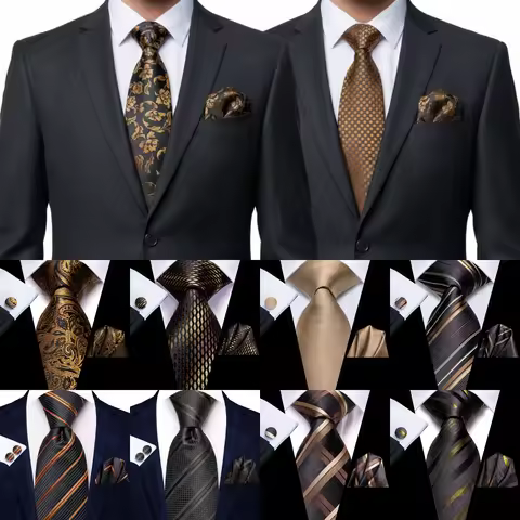 Hi-Tie Mens Gift Tie Set Gold Brown Solid Striped Wedding Tie For Men Fashion Design Quality Tie Han