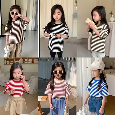 Summer Children's Stripe Short Sleeve T-shirt Cotton Boys and Girls Blue Red Pink White Stripe T-shi