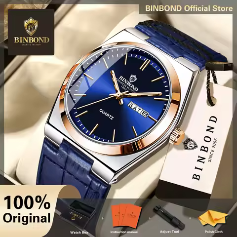 BINBOND Original Men's Watch Leather Luxury Quartz Wristwatches Luminous Waterproof Regalos Para Hom