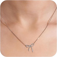 14K Gold Silver Bow Necklace Women-Bow Necklace 14K Exquisite Gold-Plated Necklace Cute Little Bow P