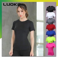 Luoke sports wear women Soft Comfortable tshirt Breath-absorbing Seamless Stitching Skin-friendly Rotator Cuff Design Fashion Round Collar Yoga Fitness Running Cycling Dancing Aerobics Leisure Sports Pure Color Compression