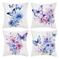 [Single Side] Short Plush Cushion Cover 45cm x 45cm, Blue Purple Butterfly Pattern Pillow Case Home 