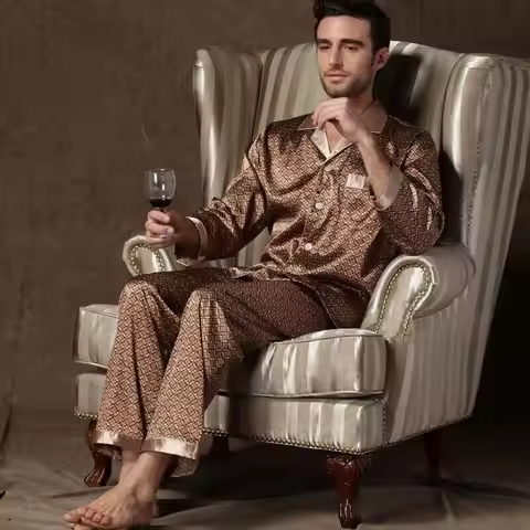 Mens Stain Silk Pajama Sets Pajamas Men Sleepwear Printed Silk Nightgown Home Male Satin Soft Cozy S
