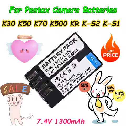 9.62Wh 1300mAh D-LI109 Battery for Pentax K30 K50 K70 K500 KR K-S2 K-S1 Camera Batteries