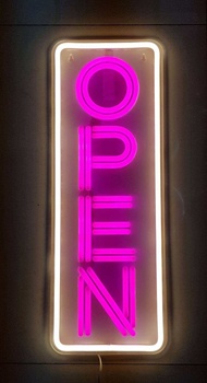 ป้ายไฟ ป้ายไฟร้าน ป้ายไฟOPEN ป้ายไฟวิ่ง ป้ายไฟนีออน ป้ายไฟLED-OPEN แนวตั้ง สีชมพู