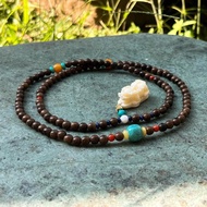 老礦蜜蠟綠松石南紅猛獁貔貅雕刻檀木手串